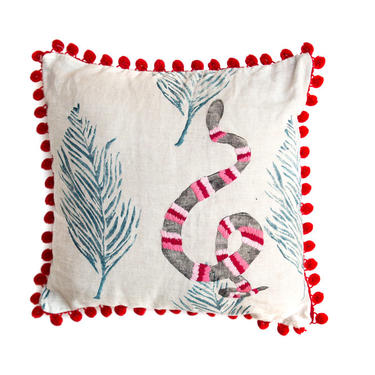 Hand Printed and Embroidered Striped Snake Pillow in Berry