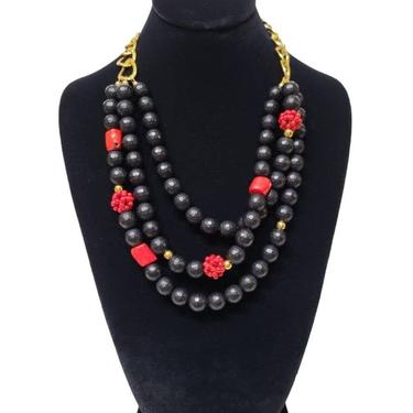 Black Onyx Triple Strand Necklace - Black Red and Gold Statement Necklace 