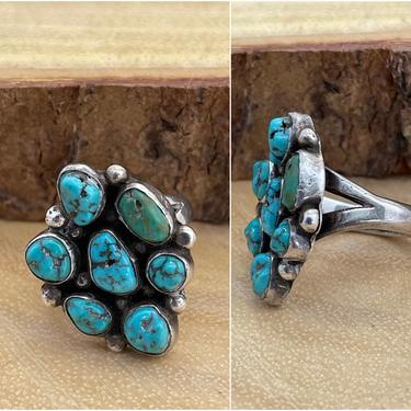 CLUSTERFEST Vintage 40s - 60s Turquoise &amp; Silver Ring | Nugget Stones | Navajo Zuni Native American Style Southwestern Jewelry | Size 6 1/2 