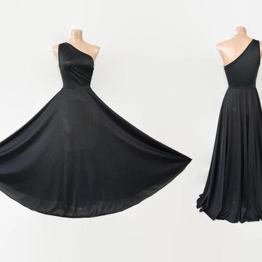 Vintage 70s RARE Cold Shoulder Olga Bodysilk Black Full Sweep Nightgown | 1970s Stretch Ruched Nylon Gown | Wedding Bridal Lingerie | S 9694 