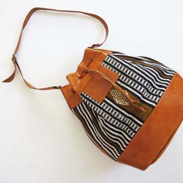 Vintage Southwestern Leather Bucket Drawstring Bag - 1990s Brown Black White Striped Southwest Tapestry Crossbody Bag - Bohemian Purse 