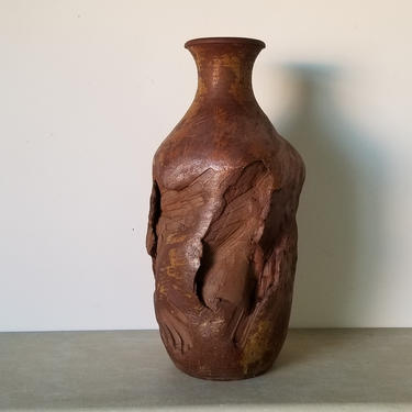 1970s Large Vintage Brutalist- Style Carved Pottery Vase by Wendy 
