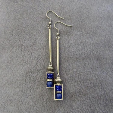 Sea glass earrings, bohemian earrings, beach earrings, brass boho earrings, long blue dangle earrings, artisan ethnic earring, simple chic 