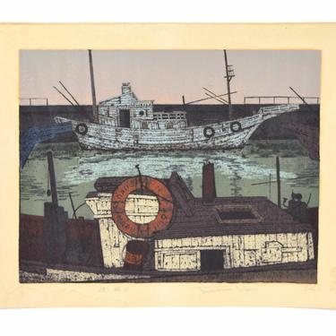 Mid-Century Modern Japanese Woodblock Print Commercial Fishing Boats Fukushima 