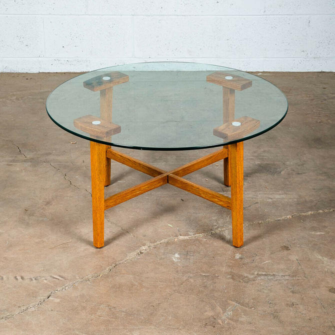 Mid Century Modern End Table Side Round Solid Oak Glass Vintage X Frame Restored
