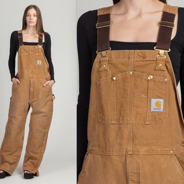Vintage Carhartt Insulated Overalls - Men's Large, Women's XL, 36x34 | 90s Tan Distressed Workwear Jumpsuit 