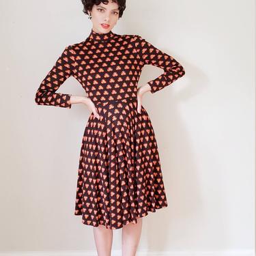 1970s Geoffrey Beene Black Orange Print Day Dress / 70s Long Sleeved Designer Dress Geometric Pattern / S / Helga 