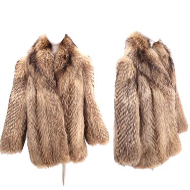 vintage 70s Tanuki fox fur shaggy vintage coat L / 1970s brown black chevron hip length raccoon real fur coat Large 12 