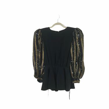 Vintage 80's Della Roufogali Black and Gold Beaded Sequin Balloon Sleeve Peplum Blouse Top, Size 6 