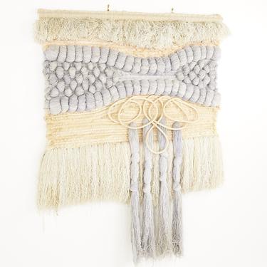 Mid Century Macramé Wall Hanging in Periwinkle and Salmon - mcm 