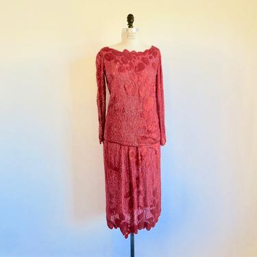 Vintage 1980's Red Beaded and Sequined Silk Top and Skirt Set Evening Cocktail Party Formal Long Sleeves Oleg Cassini Size Medium 