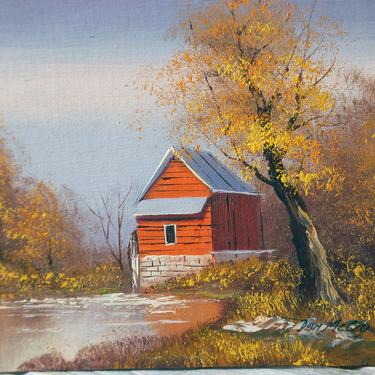Vintage watermill acrylic canvas on board painting / Autumn country scene rural art / red barn painting / farmhouse decor /  vintage art 