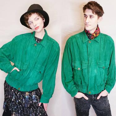 Vintage 1980s Givenchy Jacket in Green Suede / 80s Designer Unisex Mens Women's Zipup Jacket / Medium 