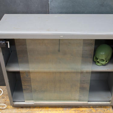 Vintage Mid-Century Industrial Grey Enameled Steel and Glass Cabinet Sliding Doors 