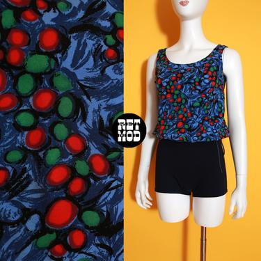 Fab Vintage 60s Blue, Black Red Printed Two-Piece Swimsuit 