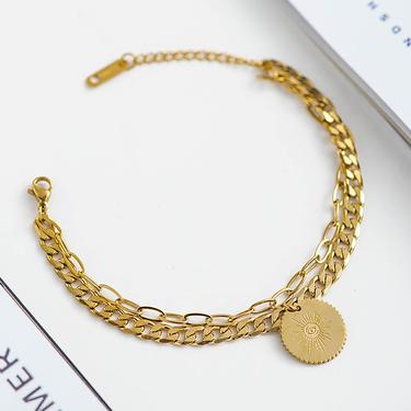 B011 gold double strand evileye charm bracelet, evil eye bracelet, charm bracelet, double strand link chain bracelet, layered bracelet, gift 