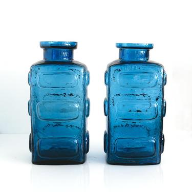 Large pair of blue glass vases with raised pattern by Pukeberg, Sweden