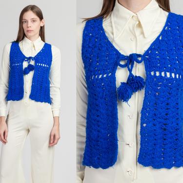 70s Blue Crochet Knit Crop Top - Extra Small | Vintage Boho Pom Pom Tie Vest 