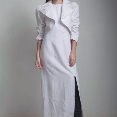 evening dress jacket set rhinestone beaded halter gown cropped jacket white maxi high slit vintage 80s MEDIUM M 