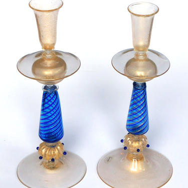 An Exquisite Pair of Murano Gold Aventurine and Blue Filigrana Glass Candlesticks
