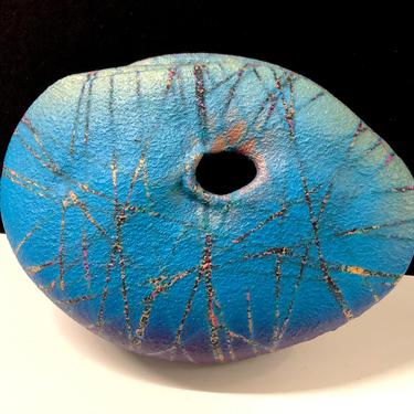 Stunning Tom Krueger Studio Pottery Vessel Two Hole Salt Glaze Slow Fired Air Brushed Blue Iridescent Free Shipping 