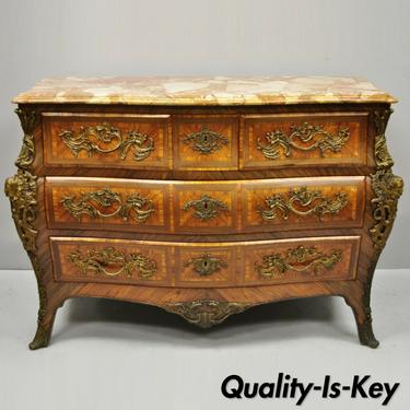 French Louis XV Style Inlaid Marble Top Bombe Commode Chest with Bronze Figures