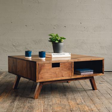 Mid-Century Style Wooden Coffee Table with Storage, Black Walnut Wood Table, Square Coffee Table, Modern Coffee Table, Solid Wood Table 