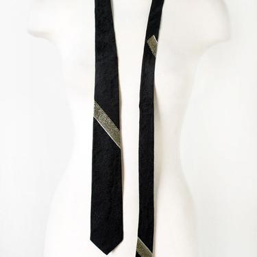 Vintage Mens Skinny Tie, Black Gold Metallic Stripe, Mid Century, Mod, Rat Pack Suit Necktie, 1950's, 1960's 