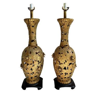 Regency James Mont Style Pierced Bronze Oversized Pair of Table Lamps 