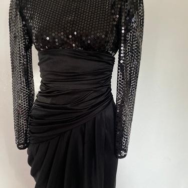 80s 90s vintage sequin cocktail dress, black bandage dress, black sequin dress, party prom dress size small 