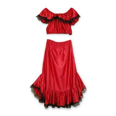 2pc Red Satin and Black Lace Off Shoulder Dress Set