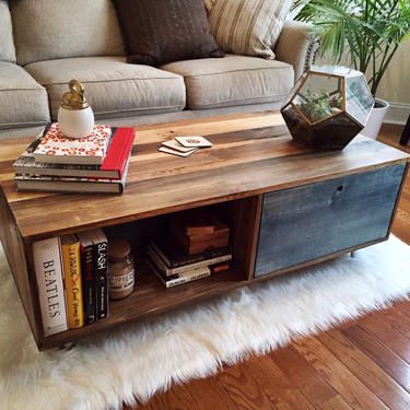 Reclaimed Style Coffee Table w/ colored multi purpose storage cubbies. 