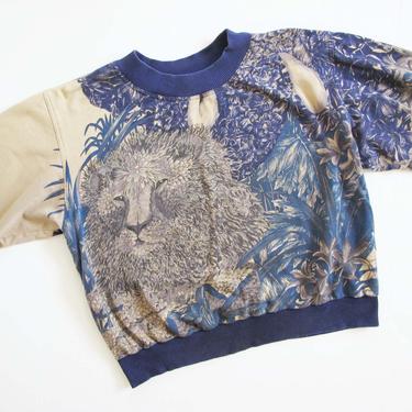 Vintage Salvatore Ferragamo Lion Print Crewneck Sweatshirt S M - 1980s Ferragamo Blue Tan Botanical Jungle Graphic Pullover Jumper 
