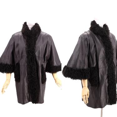 80s fur black leather swing coat M/L  / vintage 1980s lamb trim trapeze A line coat with pagoda sleeves 