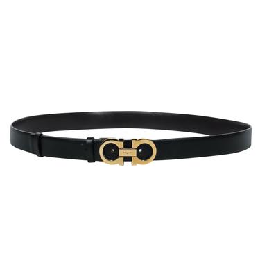 Ferragamo - Black Textured Leather Belt w/ Golden Link Buckle