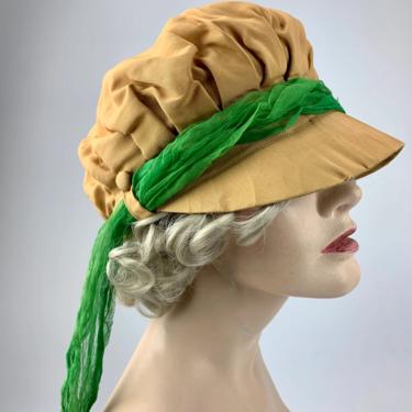 RARE&gt;&gt;1910- 1920's Women's Motoring Hat - Edwardian Motoring Bonnet - With Green Silk Scarf Ties - Women's Medium 