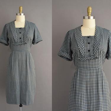 vintage 1950s dress | Blue Plaid Print Short Sleeve Cotton Day Dress | Large | 50s vintage dress 