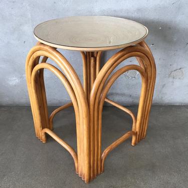 Vintage Bamboo Side Table with Glass &amp; Rattan Top