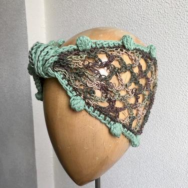 Sojourn Bandana in Peridot & Camouflage/Crochet Mesh Headband/Hemp Cotton Turban Headband/Crochet Hemp Mesh Turban 
