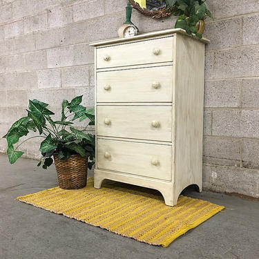 LOCAL PICKUP ONLY Vintage Wood Bureau Retro 1990's Creme Four Drawer Tall Dresser with Wood Knobs and Distressed Paint Strokes Bedroom 