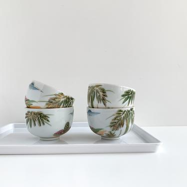 Four Porcelain Japanese Sake Tea Cups, Set of 4 Vintage Tea Cups No Handles, Asian Landscape Scene, Rimmed in Gold 