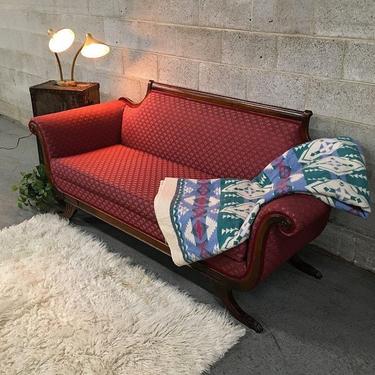 LOCAL PICKUP ONLY Vintage Couch Retro 1980's Cranberry Patterned Loveseat with Scalloped Arm Details 