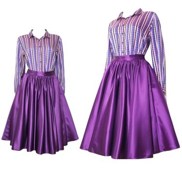 Vintage Satin Circle Skirt, Extra Small / Silky Purple Swing Skirt with Petticoat / Full Flared 1950s Style Christmas Cocktail Party Skirt 
