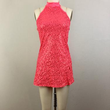 Vintage Coral Pink Sequin Dance Costume Leotard Mini Dress Onesie Ballet Skating Circus Halloween Youth Large Adult XS 