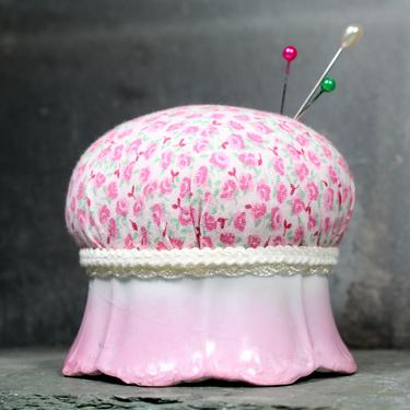 Pretty In Pink Upcycled Pin Cushion - "Pink Mushroom" Vintage Ceramic Pin Cushion - Handmade 