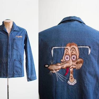 Vintage 1960s Denim Jacket / Hand Embroidered Denim Chore Coat / Vintage OOAK Hand Embroidered Jacket / Wile E Coyote Embroidered Jacket 