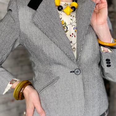 Vintage Petite Checkered Wool Blazer with Velvet Collar 