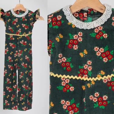 60s 70s Floral Corduroy Girls Jumpsuit - Size 4T | Vintage Green Ruffle Sleeve Lace Collar Coveralls 