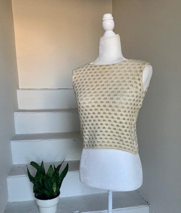 1960s Cream and Silver Knit Cropped Top Yeye Girl 34 Bust Vintage Crop Top