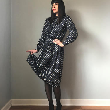 50s dress navy blue polka dot silk dress with bow | 50s pin up dress 
